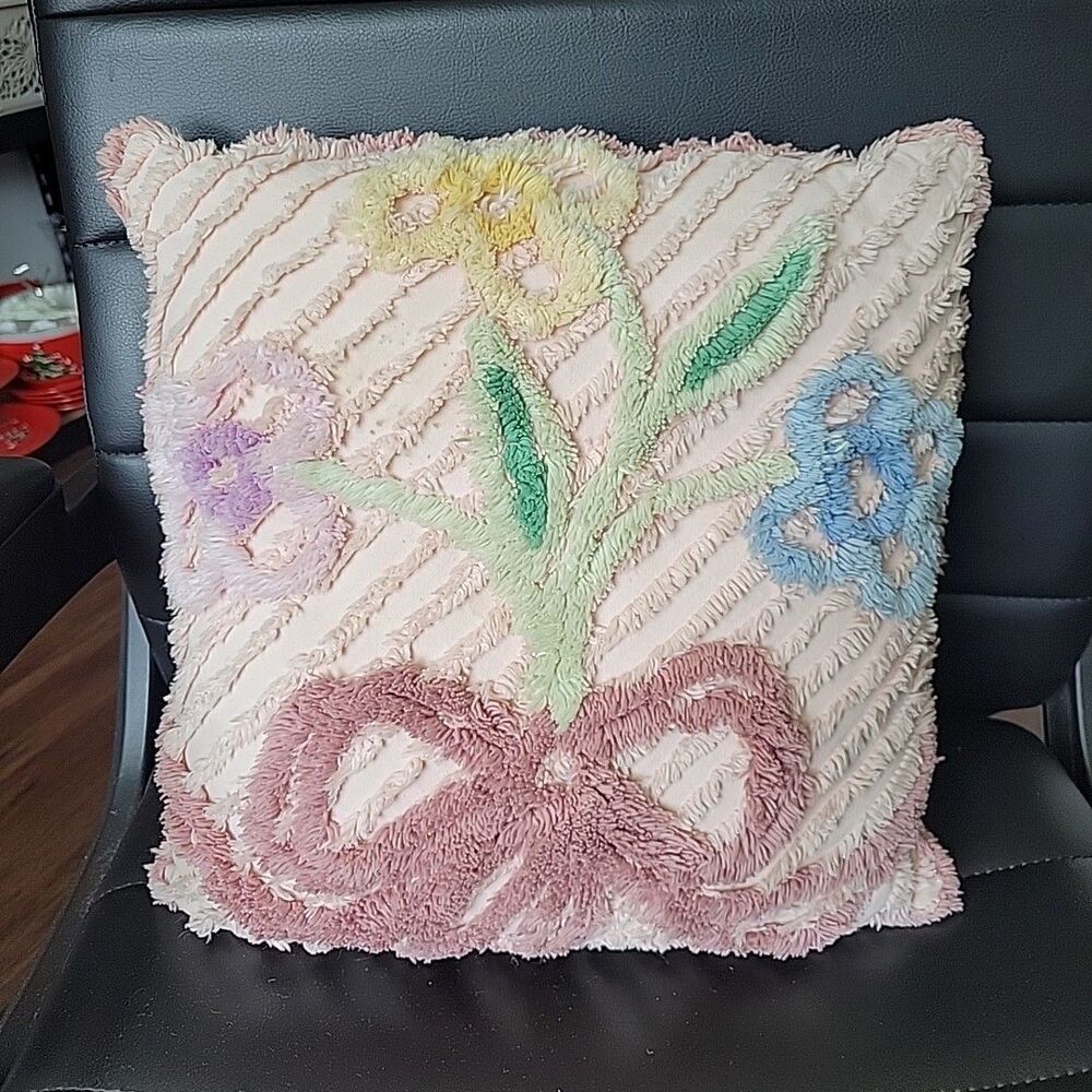 Vtg Chenille Pillow From Bedspread 13x13" Soft Pastels Cottage style Flowers Bow
